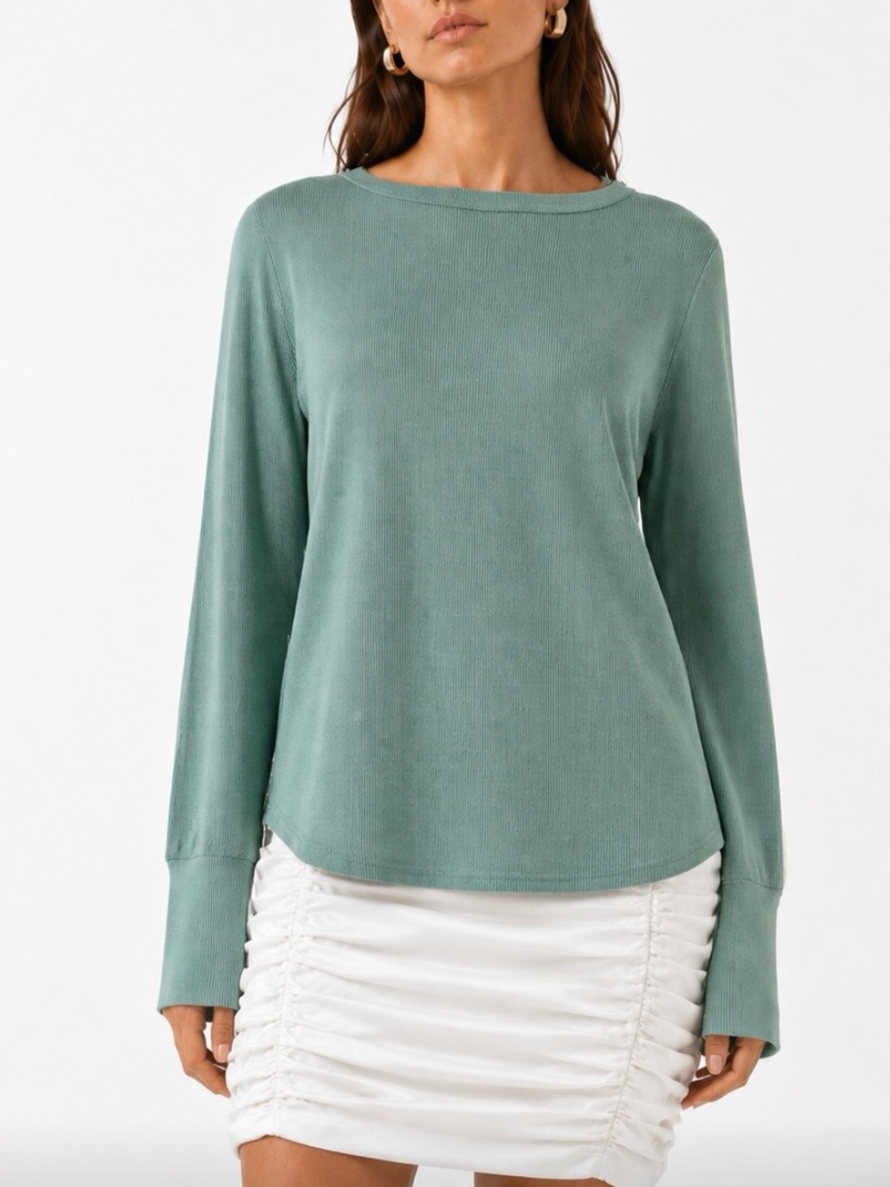 SUNDANCE Light Green Ribbed Long Sleeve Cotton Top Size XL